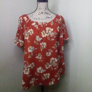 Perch Blu Pepper Shirt 3XL Short Sleeve Off Shoulder Floral Brown Tan